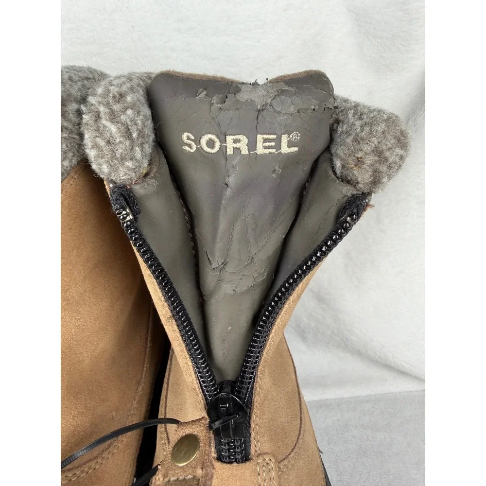Sorel Ellesmere Snow Boots Women 8 Tan Fair Zipper Suede Faux Fur Duck Boots
